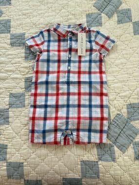 NWT Janie & Jack Red, White & Blue Plaid Button Romper